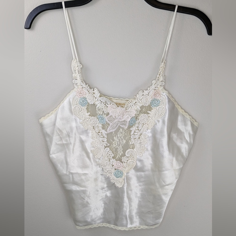 Vintage 80s Gold Label Victoria's Secret Ivory Floral Lace Trim Cami Lingerie M